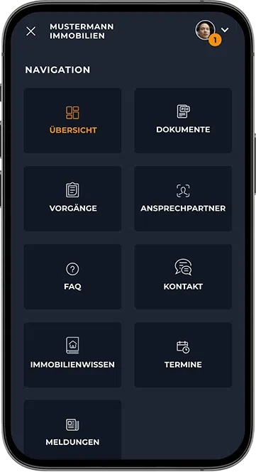 ETG24 App auf einem Smartphone mit Navigationsmenü