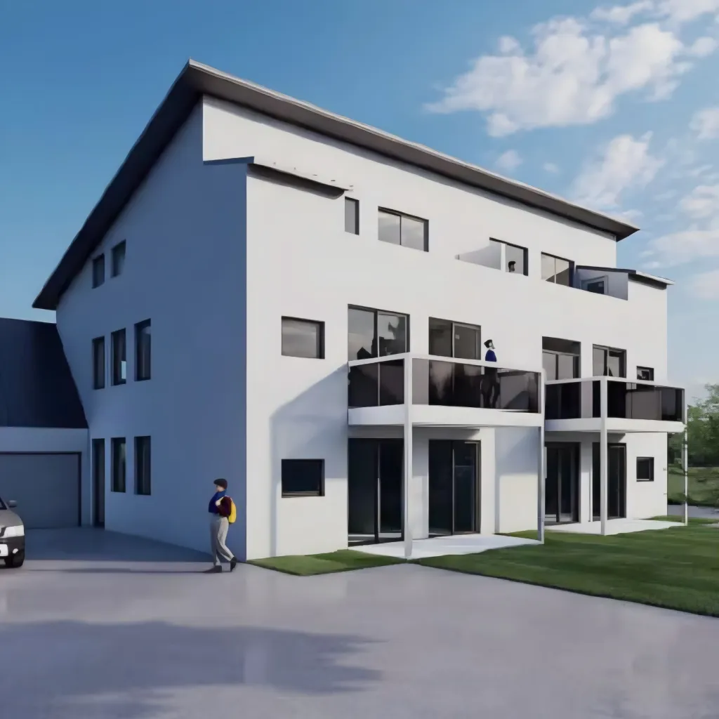 Visualisierung eines modernen weißen Mehrfamilienhauses mit dunklen Fenstern und Säulenbäumen